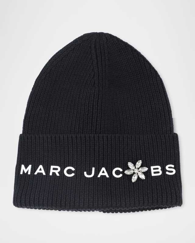Girl's Rhinestone Logo Cotton Knit Beanie